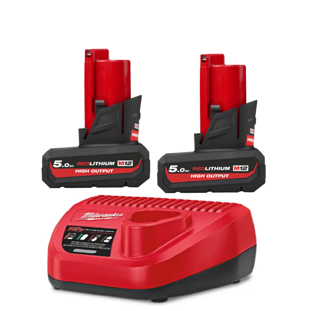 MILWAUKEE M12 HB 5.0AH DUAL BATTERY PACK (2 X 12V HIGH OUTPUT 5.0AH RED LITHIUM-ION Battery & C12C Charger)